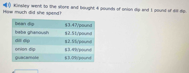 Kinsley went to the store and bought 4 pounds of onion dip and 1 pound of dill dip. 
How much did she spend?