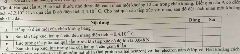 Đề ca nệ can ba
Câu 4. Hai quả cầu A, B có kích thước nhỏ được đặt cách nhau một khoảng 12 cm trong chân không. Biết quả cầu A có điện
tích -3,2.10^(-7)C và quả cầu B có điện tích 2,4.10^(-7)C. Cho hai quả cầu tiếp xúc với nhau, sau đó đặt cách nhau một khoảng
n
từ helium gồm hạt h