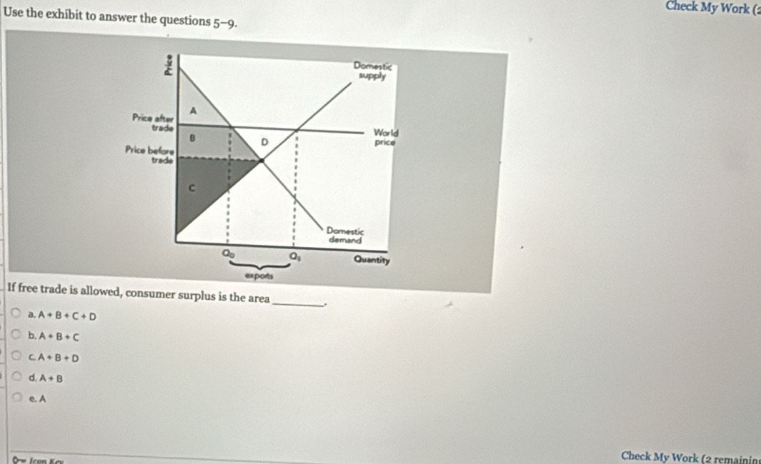 Check My Work (:
Use the exhibit to answer the questions 5 -( D.
Domestic
supply
A
Price after
trade World
B D
price
Price before
trade
c
Domestic
demand
Q_0 Q_1 Quantity
exports
If free trade is allowed, consumer surplus is the area
_
a. A+B+C+D
b, A+B+C
C A+B+D
d. A+B
e. A
Check My Work (2 remainin