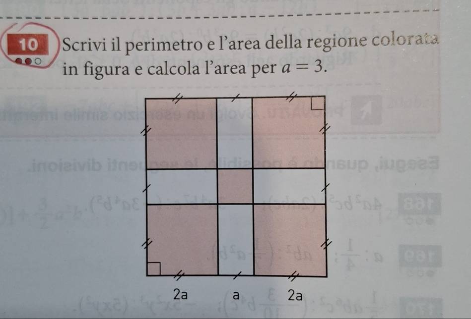 Scrivi il perimetro e l’area della regione colorata 
in figura e calcola l’area per a=3.