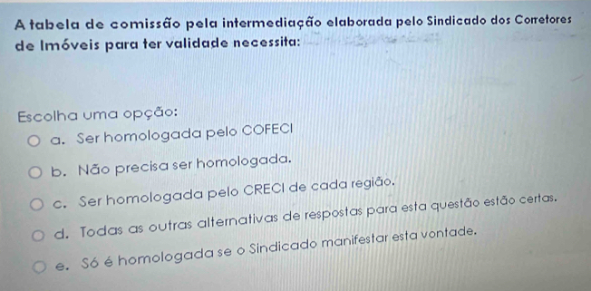 A tabela de comissão pela intermediação elaborada pelo Sindicado dos Corretores
de Imóveis para ter validade necessita:
Escolha uma opção:
a. Ser homologada pelo COFECI
b. Não precisa ser homologada.
c. Ser homologada pelo CRECI de cada região.
d. Todas as outras alternativas de respostas para esta questão estão certas.
e. S6 é homologada se o Sindicado manifestar esta vontade.