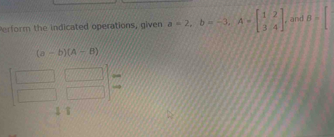 Perform the indicated operations, given a=2, b=-3, A=beginbmatrix 1&2 3&4endbmatrix , and B=□
(a-b)(A-B)
→ 
↓ 1