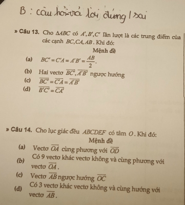 » Câu 13. Cho △ ABC có A', B', C' lần lượt là các trung điểm của 
các cạnh BC, CA, AB. Khi đó: 
Mệnh đề 
(a) BC'=C'A=A'B'= AB/2 . 
(b) Hai vecto overline BC, overline A'B' ngưọc hướng 
(c) overline BC'=overline C'A=overline A'B'
(d) overline B'C'=overline CA'
* Câu 14. Cho lục giác đều ABCDEF có tâm O . Khi đó: 
Mệnh đề 
(a) Vecto overline OA cùng phương với overline OD
(b) Có 9 vectơ khác vectơ không và cùng phương với 
vecto overline OA. 
(c) Vecto overline ABngun ợc hướng overline OC
(d) Có 3 vectơ khác vectơ không và cùng hướng với 
vecto overline AB.