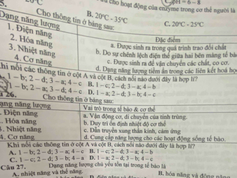 20°C pH=6-8
lu cho hoạt đà
D
à
ọ
nh, cách nối nào dưới đây là hợp lí?
a 1-b;2-d;3-a;4-c
26. 1-b;2-a;3-d;4-c B. 1-c;2-d;3-a;4-b
D. 1-a;2-d;3-b;4-c
a
.
..
3
4
Khi nổi các thông tin ở cột A và cột B, cách nối nào dưới đây là hợp lí?
A. 1-b;2-d;3-a;4-c B. 1-c;2-d;3-a;4-b
C. 1-c;2-d;3-b;4-a D. 1-a;2-d;3-b;4-c
Câu 27. Dạng năng lượng chủ yếu tồn tại trong tế bào là
A. nhiệt năng và thế năng.
B. hóa năng và động năng
D diên năn