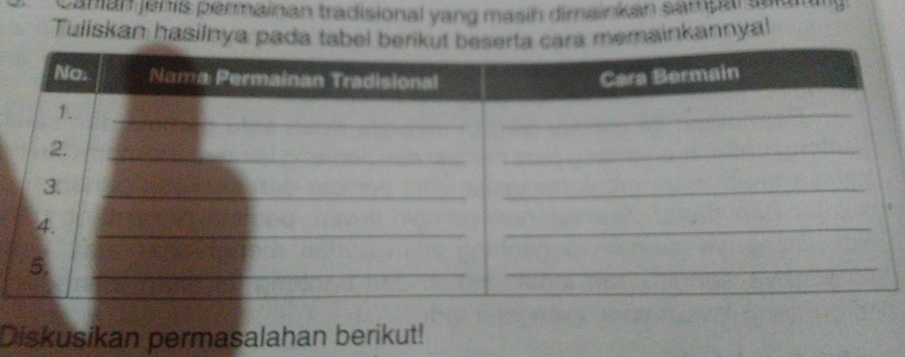 am am jam s permainan tradisional yang masin dimainkan sampay sem g 
Tuliskan hasilnya pada tabel bra memainkannyal 
Diskusikan permasalahan berikut!