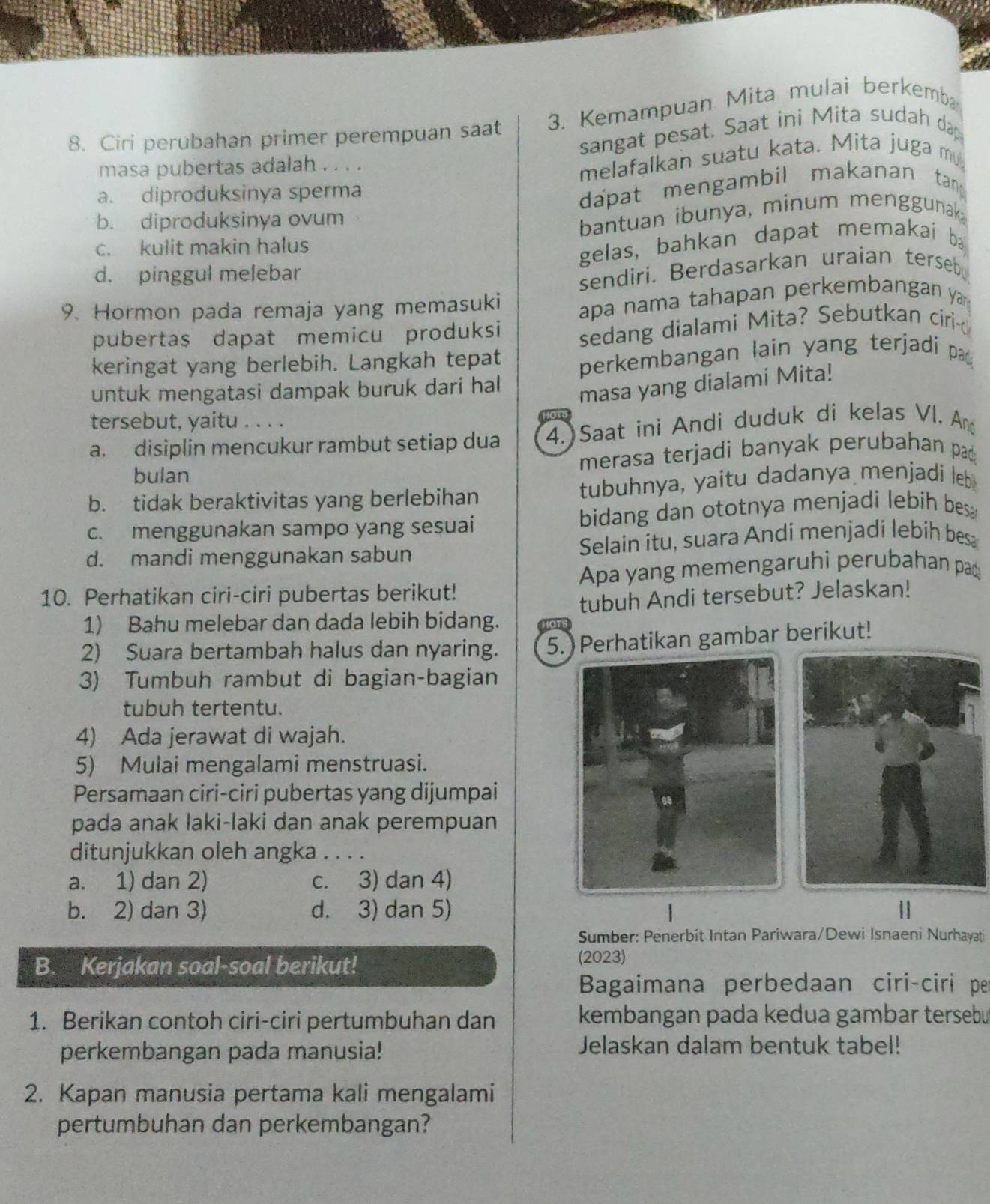 Kemampuan Mita mulai berkemb
sangat pesat. Saat ini Mita sudah dap
8. Ciri perubahan primer perempuan saat
masa pubertas adalah . . . .
melafalkan suatu kata. Mita juga m
a. diproduksinya sperma
b. diproduksinya ovum dapat mengambil makanan tan 
bantuan ibunya, minum menggunak
c. kulit makin halus
gelas, bahkan dapat memakai ba
d. pinggul melebar
sendiri. Berdasarkan uraian terseb
9. Hormon pada remaja yang memasuki apa nama tahapan perkembangan y 
pubertas dapat memicu produksi sedang dialami Mita? Sebutkan ciri-
keringat yang berlebih. Langkah tepat perkembangan lain yang terjadi pa 
untuk mengatasi dampak buruk dari hal
masa yang dialami Mita!
tersebut, yaitu . . . .
a. disiplin mencukur rambut setiap dua 4. Saat ini Andi duduk di kelas VI. An
bulan merasa terjadi banyak perubahan pac
b. tidak beraktivitas yang berlebihan tubuhnya, yaitu dadanya menjadi le
c. menggunakan sampo yang sesuai bidang dan ototnya menjadi lebih bes
d. mandi menggunakan sabun Selain itu, suara Andi menjadi lebih besa
Apa yang memengaruhi perubahan pa
10. Perhatikan ciri-ciri pubertas berikut!
1) Bahu melebar dan dada lebih bidang. tubuh Andi tersebut? Jelaskan!
2) Suara bertambah halus dan nyaring. 5. Perhatikan gambar berikut!
3) Tumbuh rambut di bagian-bagian
tubuh tertentu.
4) Ada jerawat di wajah.
5) Mulai mengalami menstruasi.
Persamaan ciri-ciri pubertas yang dijumpai
pada anak laki-laki dan anak perempuan
ditunjukkan oleh angka . . . .
a. 1) dan 2) c. 3) dan 4)
b. 2) dan 3) d. 3) dan 5) |
Sumber: Penerbit Intan Pariwara/Dewi Isnaeni Nurhayati
B. Kerjakan soal-soal berikut!
(2023)
Bagaimana perbedaan ciri-ciri pe
1. Berikan contoh ciri-ciri pertumbuhan dan kembangan pada kedua gambar tersebu
perkembangan pada manusia! Jelaskan dalam bentuk tabel!
2. Kapan manusia pertama kali mengalami
pertumbuhan dan perkembangan?