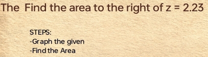 The Find the area to the right of z=2.23
STEPS: 
Graph the given 
-Find the Area