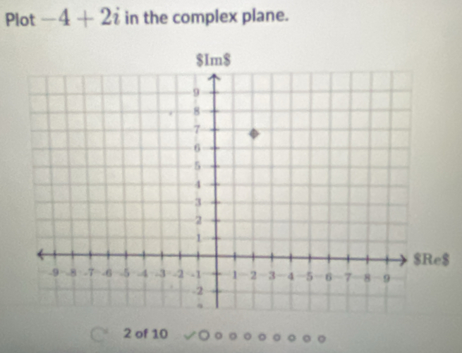 Plot -4+2i in the complex plane. 
$ 
2 of 10