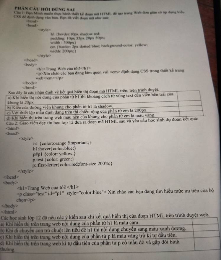 Phản Câu hồi đúng Sai
Cầu 1: Ban Minh muôn thực hành thiết kể đoạn mã HTML để tạo trang Web đơn gián có áp dụng kiểu
CSS để định dạng văn bàn. Bạn đã viết đoạn mã như sau:

TrangWebcit
varphi >x_ n chào các bạn đang làm quen với định dạng CSS trong thiết kế trang
we b
∠ hody>

L trên, trên trình duyệt.
Cầu 2: Giao viên dạy tin học lợp 12 đưa ra đoạn m

Trang Web của tôi!
Xin chào các bạn đang tìm hiều mức ưu tiên của bộ
chọn

trình duyệt web.


c
d
t