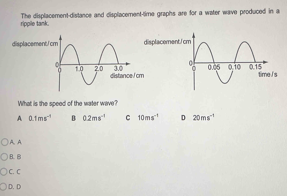 The displacement-distance and displacement-time graphs are for a water wave produced in a
ripple tank.
What is the speed of the water wave?
A 0.1ms^(-1) B 0.2ms^(-1) C 10ms^(-1) D 20ms^(-1)
A. A
B. B
C. C
D. D