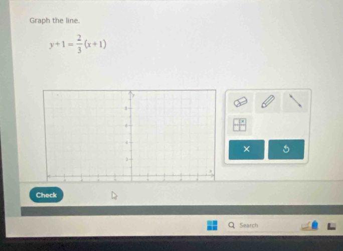 Graph the line.
y+1= 2/3 (x+1)
× 
Check 
Search