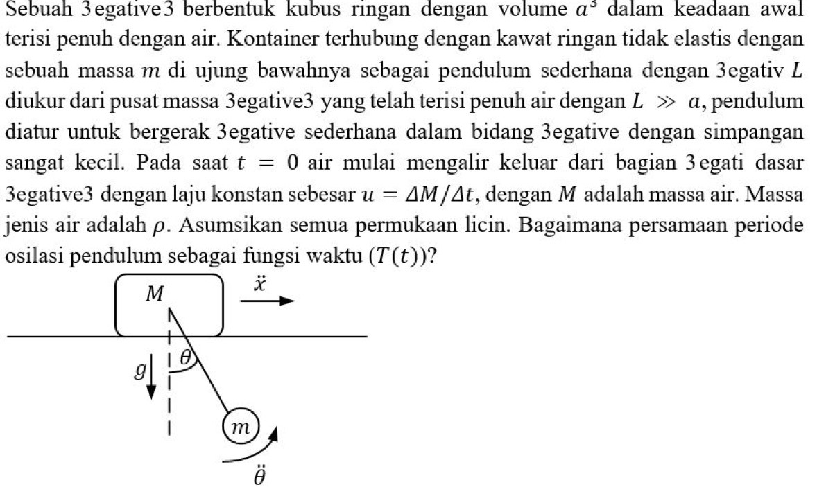 Sebuah 3egative3 berbentuk kubus ringan dengan volume a^3 dalam keadaan awal 
terisi penuh dengan air. Kontainer terhubung dengan kawat ringan tidak elastis dengan 
sebuah massa m di ujung bawahnya sebagai pendulum sederhana dengan 3egativ L
diukur dari pusat massa 3egative3 yang telah terisi penuh air dengan Lgg >a , pendulum 
diatur untuk bergerak 3egative sederhana dalam bidang 3egative dengan simpangan 
sangat kecil. Pada saat t=0 air mulai mengalir keluar dari bagian 3egati dasar
3egative3 dengan laju konstan sebesar u=△ M/△ t , dengan M adalah massa air. Massa 
jenis air adalah ρ. Asumsikan semua permukaan licin. Bagaimana persamaan periode 
osilasi pendulum sebagai fungsi waktu (T(t)) ? 
ë