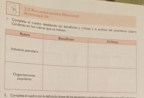 3.2 Reconstrucción Nacional 
Actividad 24 
1. Completa el cuadro detallando los bCárdenas en l 
2. Completa el cuadro con la definición breve de los siguientes concentos relacionados con e