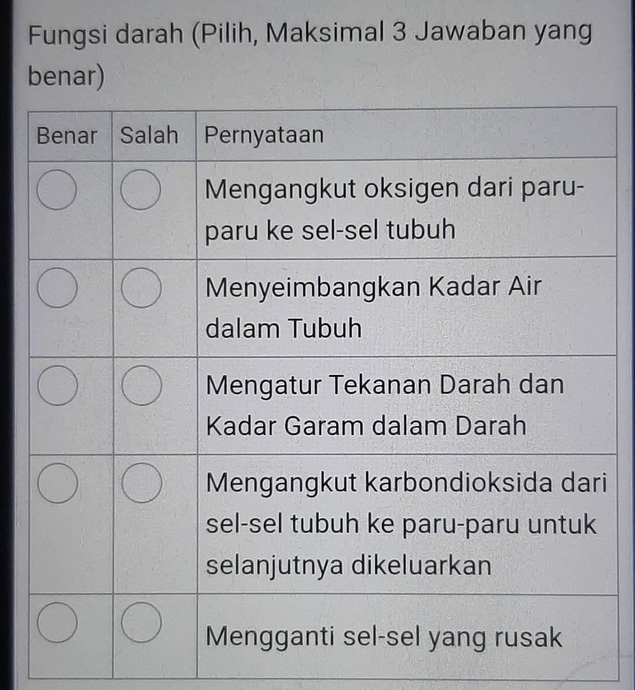 Fungsi darah (Pilih, Maksimal 3 Jawaban yang 
benar) 
i