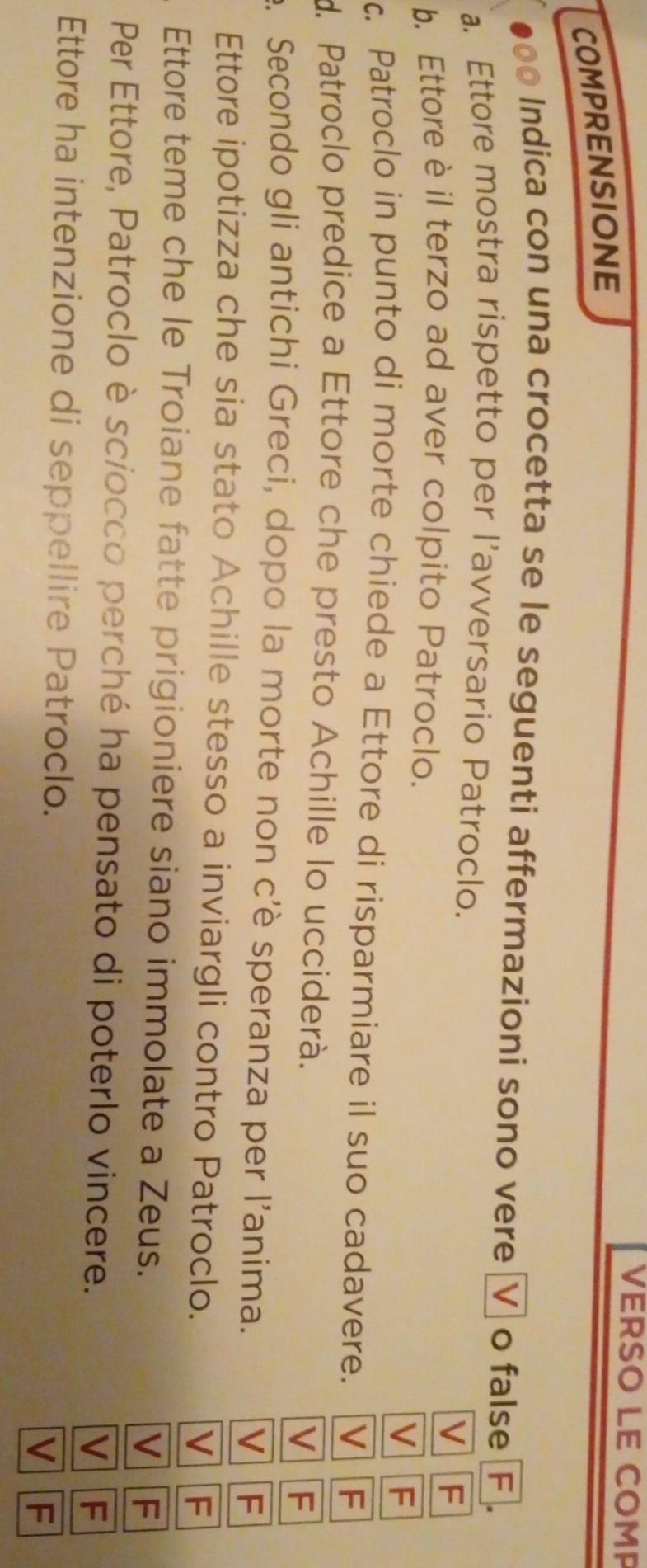 VERSO LE COMP
COMPRENSIONE
oo Indica con una crocetta se le seguenti affermazioni sono vere V o false F.
a. Ettore mostra rispetto per l’avversario Patroclo.
VF
b. Ettore è il terzo ad aver colpito Patroclo.
VF
c. Patroclo in punto di morte chiede a Ettore di risparmiare il suo cadavere. V F
d. Patroclo predice a Ettore che presto Achille lo ucciderà.
VF
. Secondo gli antichi Greci, dopo la morte non c'è speranza per l'anima.
V F
Ettore ipotizza che sia stato Achille stesso a inviargli contro Patroclo. v F
Ettore teme che le Troiane fatte prigioniere siano immolate a Zeus. V F
Per Ettore, Patroclo è scíocco perché ha pensato di poterlo vincere. F
Ettore ha intenzione di seppellire Patroclo. V F