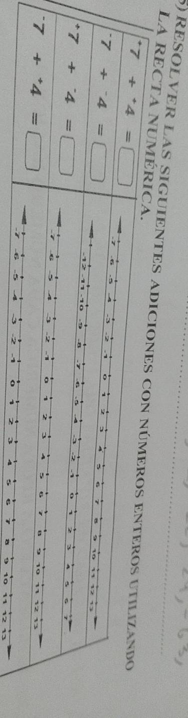 La RECTa numéRICa. 
5) RESOLVER LAS SIGUIENTES ADICIONES CON NÚMEROS ENTEROS UTILIZANDO^+7+^+4=□^-7+^-4=□^+7+^-4=□^-7+^+4=□