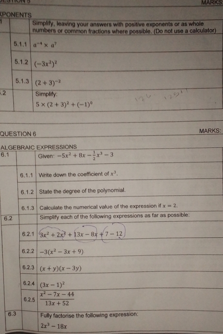 MARKS
P
 
.2
QUEKS:
ALG
6.1
6.
6
2x^3-18x