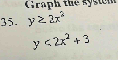 Graph the system
35. y≥ 2x^2
y<2x^2+3