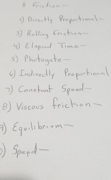 Friction- 
2) Directly Proportional 
3) Rolling friction- 
( ) Elapsed Time- 
5) Photogate- 
() Endirectly Proportional 
7) Constant Speed- 
() Viscous friction- 
Equilibriom 
_ 
Speed-_