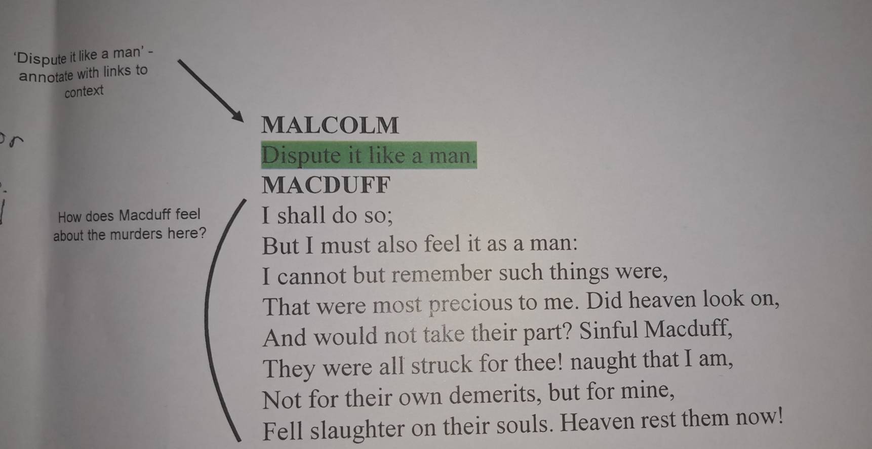 ‘Dispute it like a man’ - 
annotate with links to 
context 
MALCOLM 
Dispute it like a man. 
MACDUFF 
How does Macduff feel I shall do so; 
about the murders here? 
But I must also feel it as a man: 
I cannot but remember such things were, 
That were most precious to me. Did heaven look on, 
And would not take their part? Sinful Macduff, 
They were all struck for thee! naught that I am, 
Not for their own demerits, but for mine, 
Fell slaughter on their souls. Heaven rest them now!