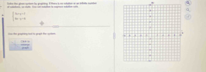 Save the given system by graphing. If there is no solution or an infinite number A 
of solutions, so state. Use set notation to express solution sets
beginarrayl 7x+y=7 6x-y=6endarray.
Use the graphing tool to graph the system. 
Click to 
estarge 
graph