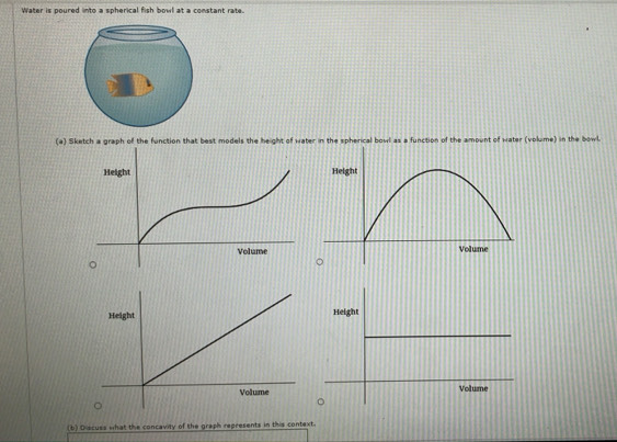 Water is poured into a spherical fish bowl at a constant rate. 
(a) Sketch a graph of the function that best models the height of water in the spherical bowl as a function of the amount of water (volume) in the bowl 


(b) Discuss what the concavity of the graph represents in this context.