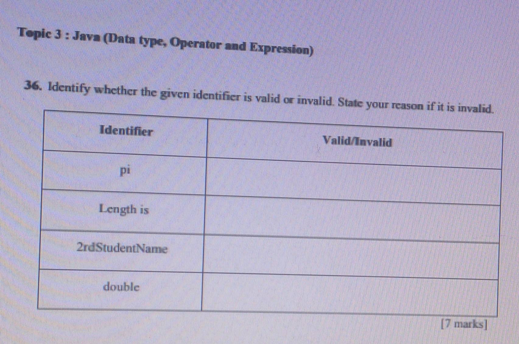 Topic 3 : Java (Data type, Operator and Expression) 
36. Identify whether the given identifier is valid or inv