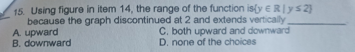 Using figure in item 14, the range of the function is  y∈ R|y≤ 2
because the graph discontinued at 2 and extends vertically_
A. upward C. both upward and downward
B. downward D. none of the choices