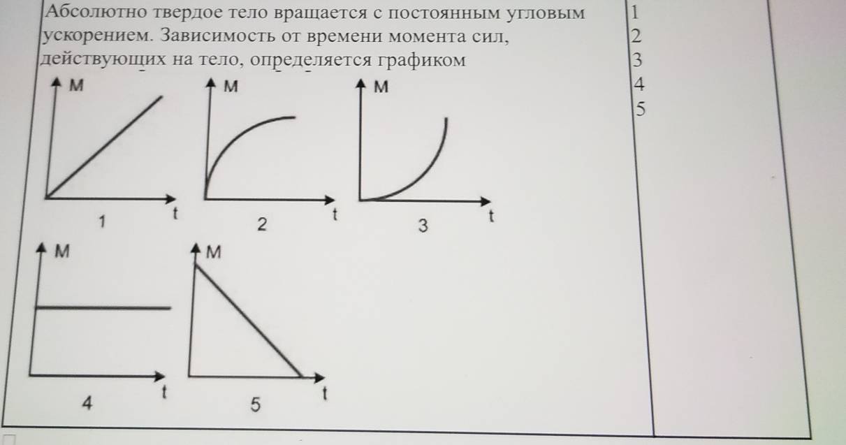 Абсолютно τверлое тело врашается с постоянным угловым 1
ускорением. Зависимость от времени момента сил, 2
лействуΙπих на τело, опрелеляеτся графиком 3
4
5