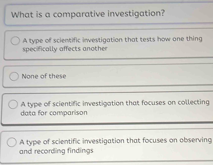 Solved: What is a comparative investigation? A type of scientific ...