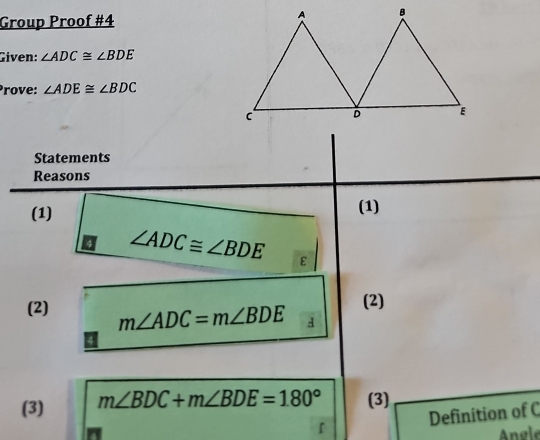 Group Proof #4 
Given: ∠ ADC≌ ∠ BDE
Prove: ∠ ADE≌ ∠ BDC
Statements 
Reasons 
(1) (1)
∠ ADC≌ ∠ BDE ε 
(2) m∠ ADC=m∠ BDE
(2) 
(3) m∠ BDC+m∠ BDE=180° (3) 
Definition of C
Angle