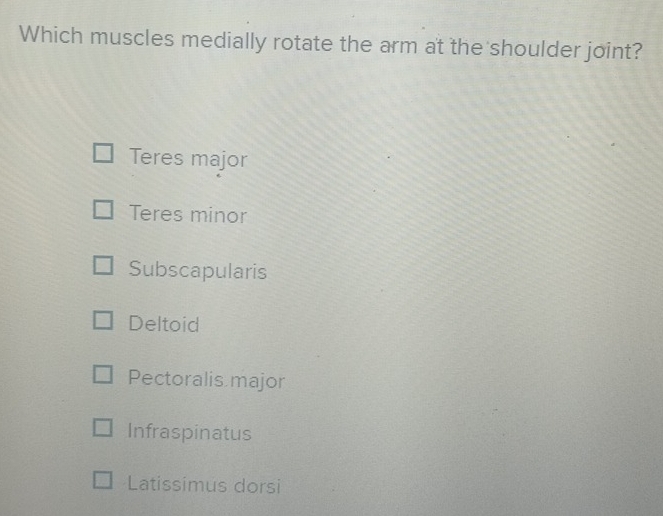 Which muscles medially rotate the arm at the shoulder joint?
Teres major
Teres minor
Subscapularis
Deltoid
Pectoralis major
Infraspinatus
Latissimus dorsi