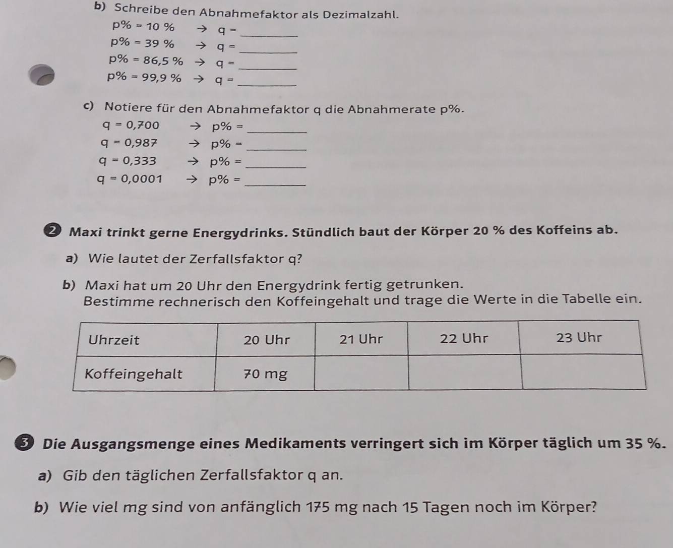 Schreibe den Abnahmefaktor als Dezimalzahl.
p% =10% q=
_
p% =39% q= _
p% =86,5% q= _
p% =99,9% q= _ 
c) Notiere für den Abnahmefaktor q die Abnahmerate p%.
q=0,700
p% = _
q=0,987 p% = _
q=0,333 p% = _
q=0,0001 p% = _ 
2 Maxi trinkt gerne Energydrinks. Stündlich baut der Körper 20 % des Koffeins ab. 
a) Wie lautet der Zerfallsfaktor q? 
b) Maxi hat um 20 Uhr den Energydrink fertig getrunken. 
Bestimme rechnerisch den Koffeingehalt und trage die Werte in die Tabelle ein. 
Die Ausgangsmenge eines Medikaments verringert sich im Körper täglich um 35 %. 
a) Gib den täglichen Zerfallsfaktor q an. 
b) Wie viel mg sind von anfänglich 175 mg nach 15 Tagen noch im Körper?