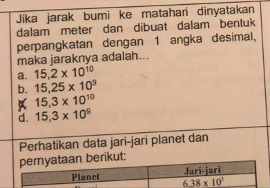 Jika jarak bumi ke matahari dinyatakan
dalam meter dan dibuat dalam bentuk
perpangkatan dengan 1 angka desimal,
maka jaraknya adalah...
a. 15,2* 10^(10)
b. 15,25* 10^9
A 15,3* 10^(10)
d. 15,3* 10^9
Perhatikan data jari-jari planet dan
an berikut: