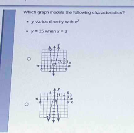 Which graph models the following characteristics?
y varies directly with x^2
y=15 when x=3