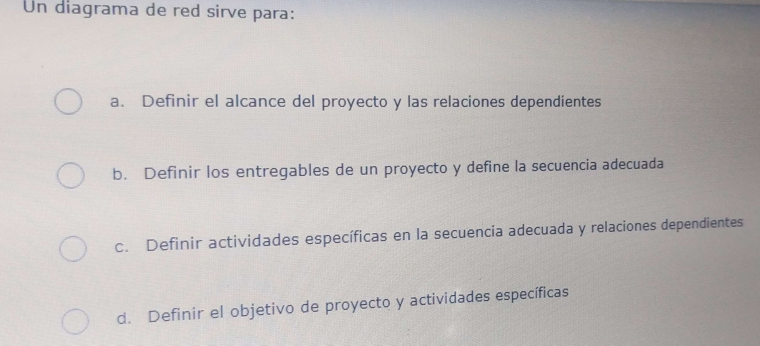 Resuelto:Un diagrama de red sirve para: a. Definir el alcance del ...