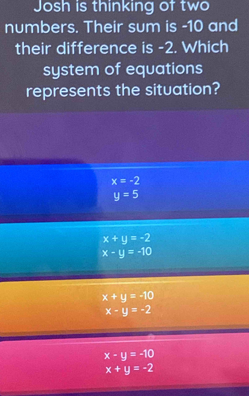 Josh is thinking of two
numbers. Their sum is -10 and
their difference is -2. Which
system of equations
represents the situation?
x=-2
y=5
x+y=-2
x-y=-10
x+y=-10
x-y=-2
x-y=-10
x+y=-2