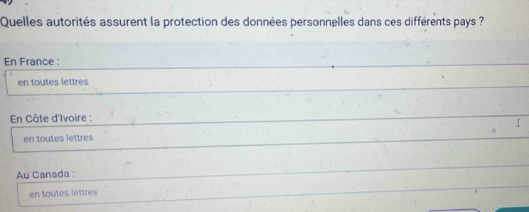 Quelles autorités assurent la protection des données personnelles dans ces différents pays ?
En France :
en toutes lettres
* En Côte d'Ivoire :
I
en toutes lettres
Au Canada :
en toutes lettres