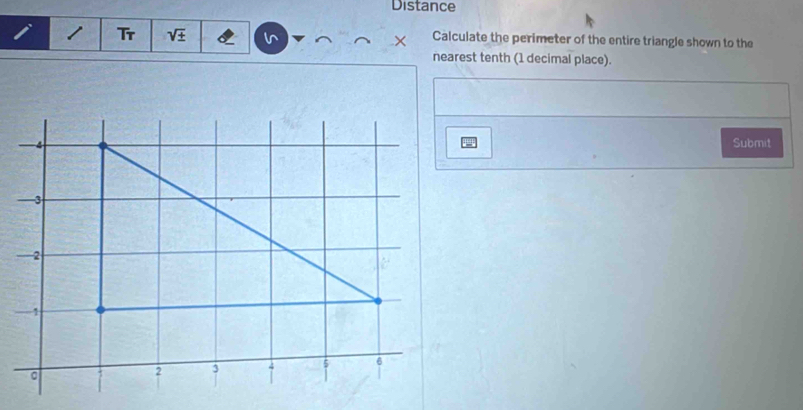 Distance 
Tr 
× Calculate the perimeter of the entire triangle shown to the 
nearest tenth (1 decimal place). 
Submit