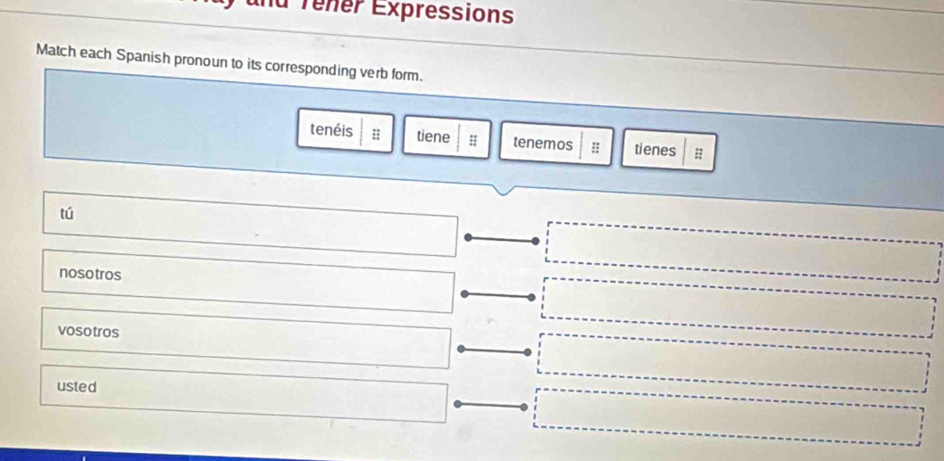 und Têner Expressions
Match each Spanish pronoun to its corresponding verb form.
tenéis :: tiene :; tenemos tienes ::
tú
nosotros
vosotros
usted