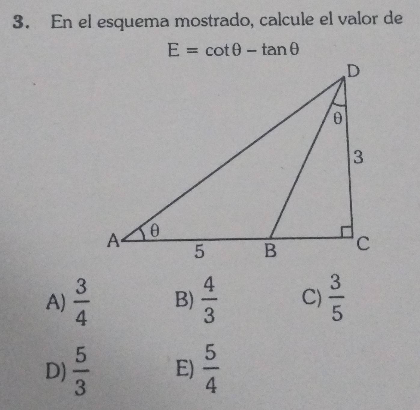 En el esquema mostrado, calcule el valor de
E=cot θ -tan θ
A)  3/4   4/3  C)  3/5 
B)
D)  5/3   5/4 
E)