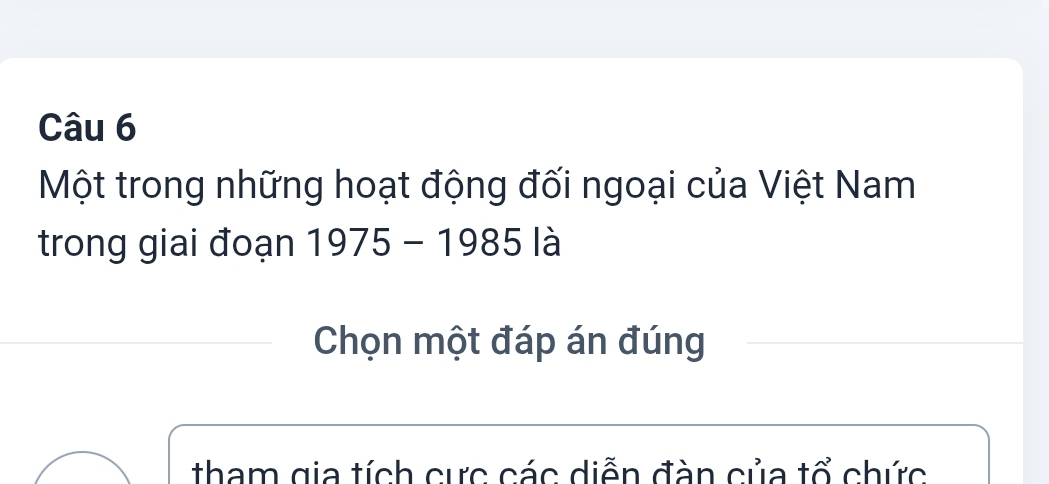 Một trong những hoạt động đối ngoại của Việt Nam 
trong giai đoạn 1975-1985 là 
Chọn một đáp án đúng 
tham gia tích cực các diễn đàn của tổ chức