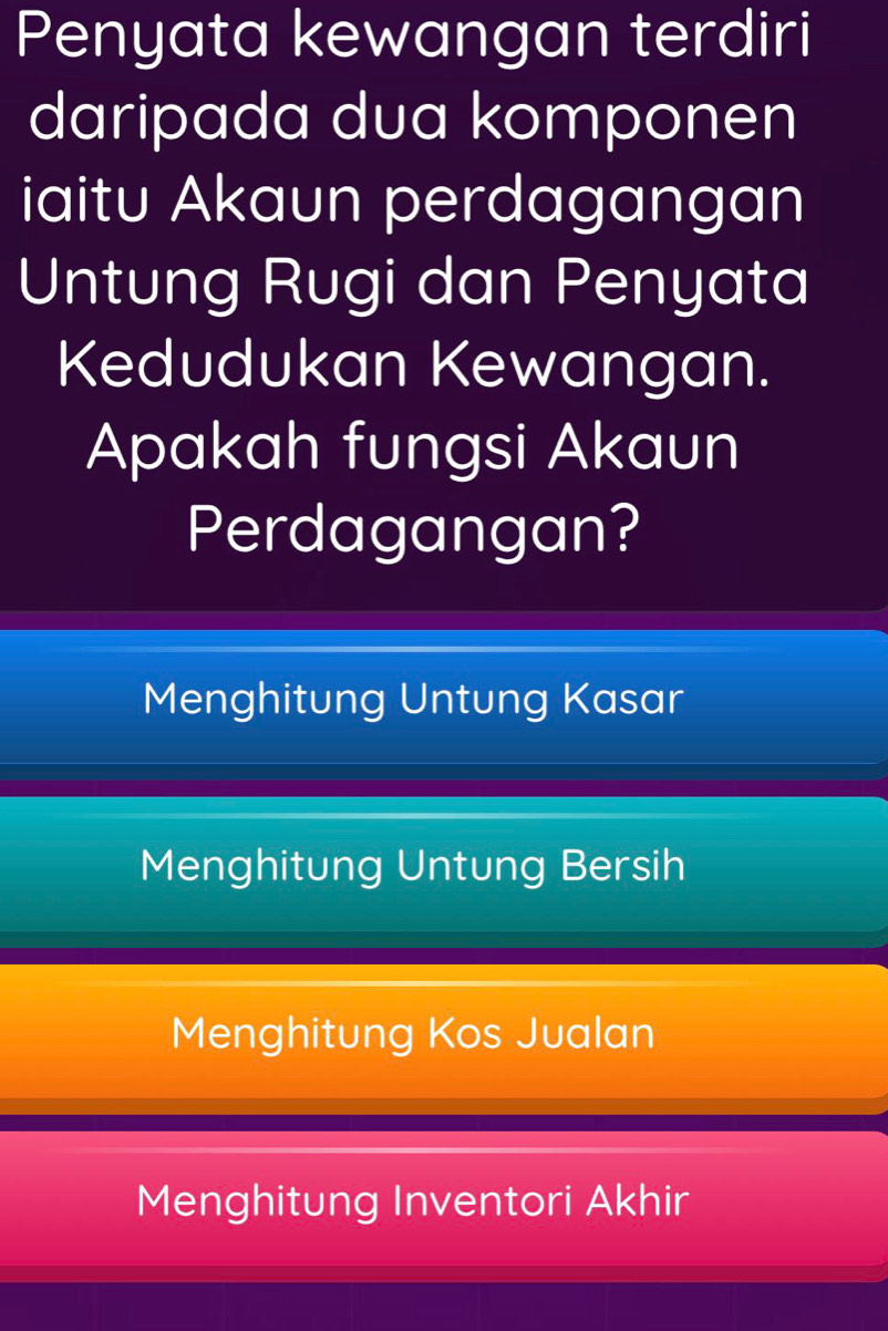 Penyata kewangan terdiri
daripada dua komponen
iaitu Akaun perdagangan
Untung Rugi dan Penyata
Kedudukan Kewangan.
Apakah fungsi Akaun
Perdagangan?
Menghitung Untung Kasar
Menghitung Untung Bersih
Menghitung Kos Jualan
Menghitung Inventori Akhir