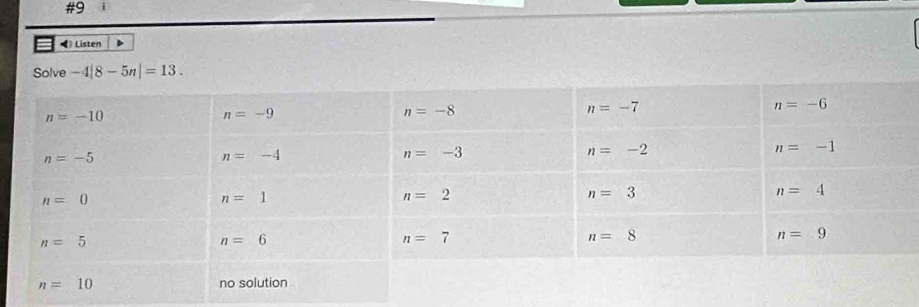 #9
: Listen
Solve -4|8-5n|=13.