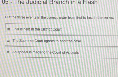 The Judicial Branch in a Flash
Put the three events in the correct order from first to last in the series.
Trial is held in the District Court
The Supreme Court agrees to hear the case
An appeal is made to the Court of Appeals