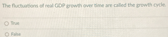 The fluctuations of real GDP growth over time are called the growth cycle.
True
False