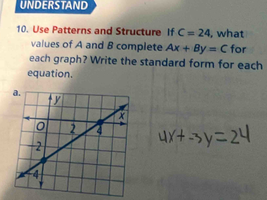 UNDERSTAND 
10. Use Patterns and Structure If C=24 , what 
values of A and B complete Ax+By=C for 
each graph? Write the standard form for each 
equation.