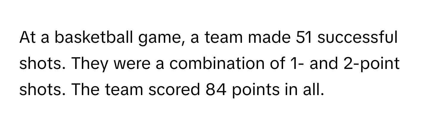 At a basketball game, a team made 51 successful shots. They were a combination of 1- and 2-point shots. The team scored 84 points in all.