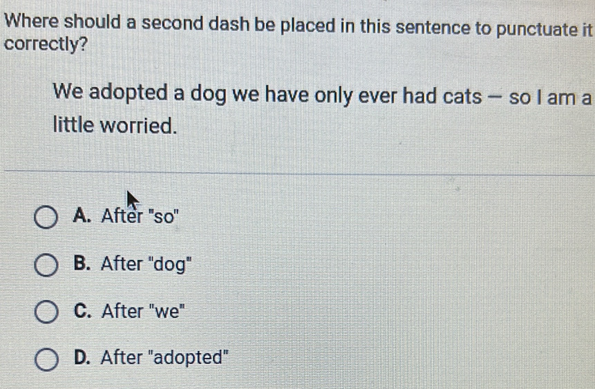 Where should a second dash be placed in this sentence to punctuate it
correctly?
We adopted a dog we have only ever had cats — so I am a
little worried.
A. After 'so"
B. After "dog"
C. After "we"
D. After "adopted"