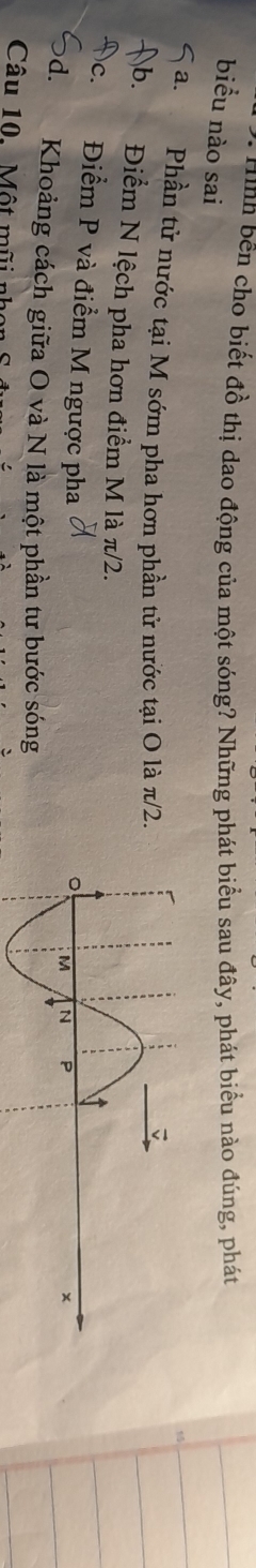 Hình bên cho biết đồ thị dạo động của một sóng? Những phát biểu sau đây, phát biểu nào đúng, phát
biểu nào sai
a. Phần tử nước tại M sớm pha hơn phần tử nước tại O là π/2.
b. Điểm N lệch pha hơn điểm M là π/2.
)c. Điểm P và điểm M ngược pha
d. Khoảng cách giữa O và N là một phần tư bước sóng
Câu 10. Một mũi nh